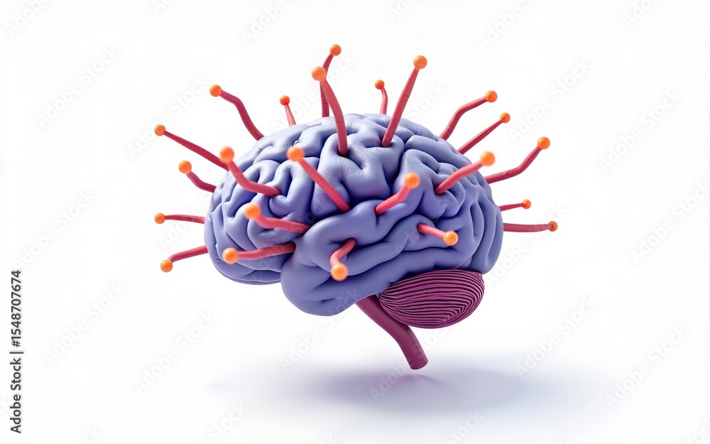 Poster neurons in the brain on white background with focus effect. 3d rendering. high quality