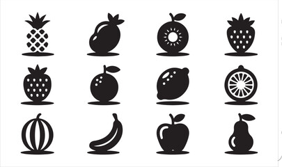 A collection of simple, black silhouette icons representing various fruits vector art on white