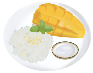 Mango sticky rice hand drawn. Drawing about Thai dessert. Vector illustration.