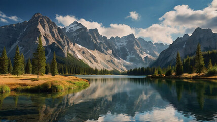 Mountain landscape with alpine meadow and colorful forest at sunset.
