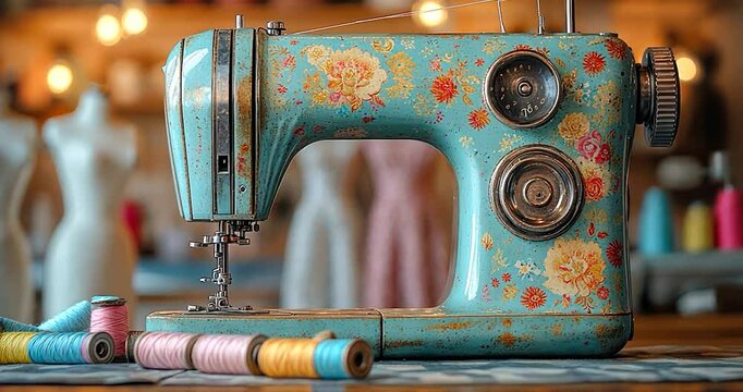 Vintage floral sewing machine with thread spools.