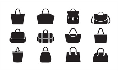 A collection of simple, black silhouette icons representing different types of bags, including tote bags, backpacks, crossbody bags, and more vector art