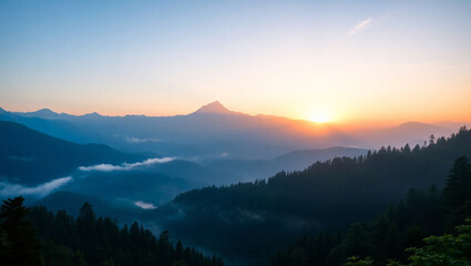 Fototapeta premium Mountain landscape with alpine meadow and colorful forest at sunset.