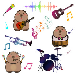 Cute capybara with music and musical instruments icons. Hand drawn capybara.