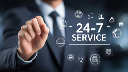 Always-On Support: Businessman Presenting 24/7 SERVICE Customer Service Solutions. Global Communication, Assistance, and Technical Support Icons
