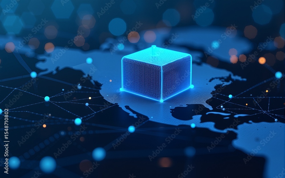 Poster blockchain technology. information blocks in digital space. decentralized global network. cyberspace
