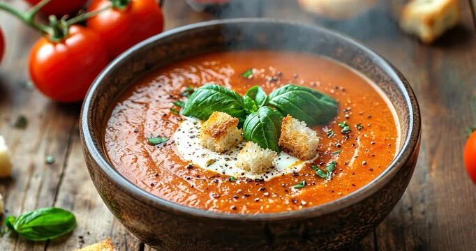 Creamy tomato soup with basil and croutons in a wooden bowl.
