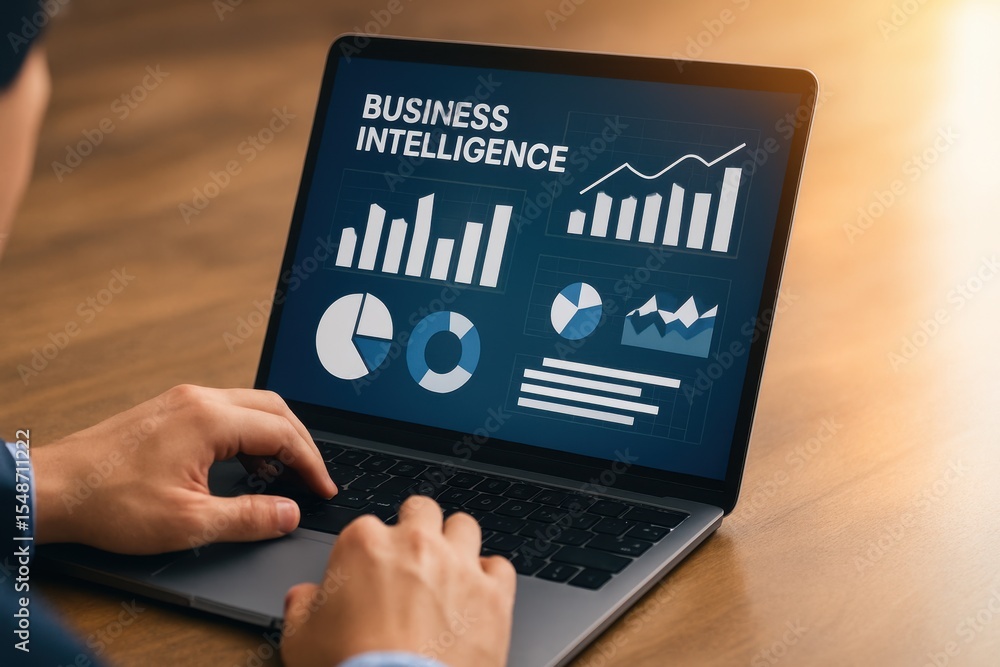 Poster business intelligence analysis on laptop screen with data visualizations and charts in a modern work