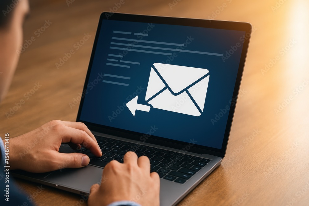 Poster professional individual engaged in email communication on laptop with icon of envelope signaling mes