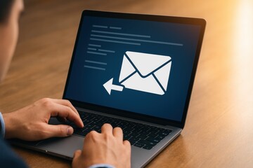 Professional Individual Engaged in Email Communication on Laptop with Icon of Envelope Signaling Message Sending and Reception in Business Environment