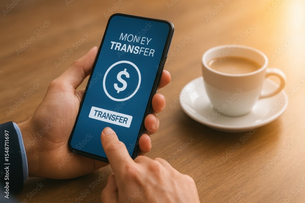 Poster close-up view of smartphone displaying money transfer option with dollar sign and finger tapping on 