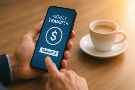 Close-Up View of Smartphone Displaying Money Transfer Option with Dollar Sign and Finger Tapping on Screen by Coffee Cup on Table