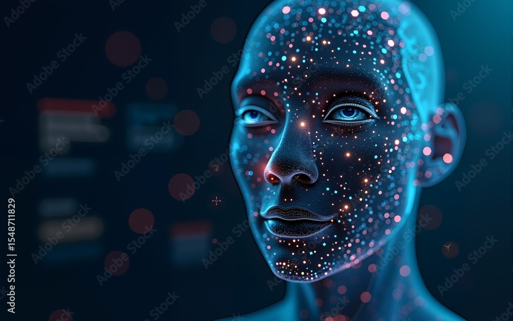 Poster abstract digital human face. artificial intelligence concept of big data or cyber security. 3d rende