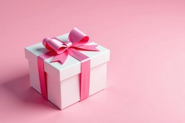 Fototapeta premium Elegant white gift box with shiny pink ribbon bow, pink background , gift-giving, giftwrap