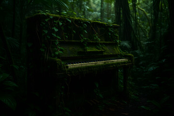 Nature Reclaims a Forgotten Piano Surrounded by Lush Greenery; A Serene and Haunting Melodic Landscape Embraced by Wild Flora