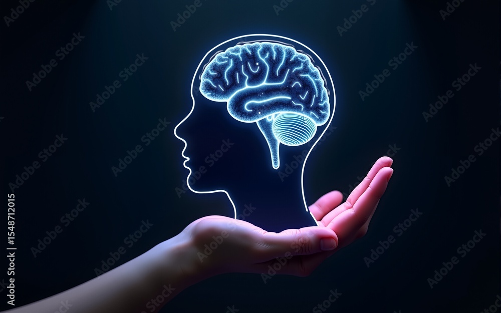 Poster ai. electronic brain. neon silhouette of human head with artificial intelligence hanging over palm h