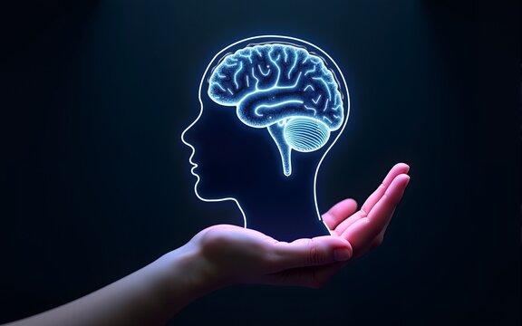 AI. Electronic brain. Neon Silhouette of human head with artificial intelligence hanging over palm hand. Cybernetic artificial neural network. Electronic mind. Neuronet, deep machine learning concept.