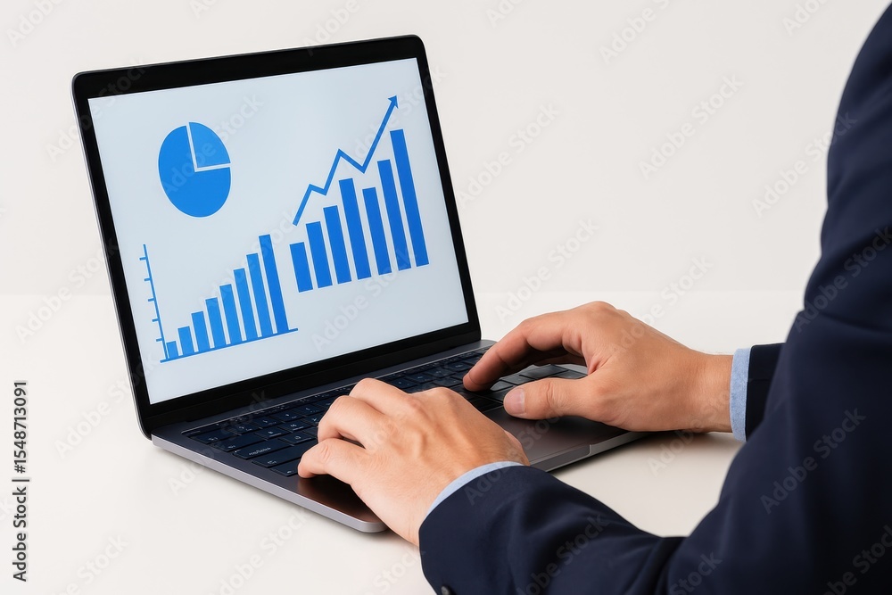 Poster business professional analyzing financial growth data on laptop screen with charts and graphs to eva