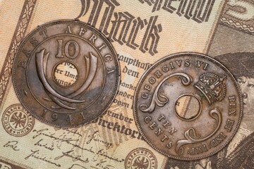 Vintage East African Coins on German Banknote