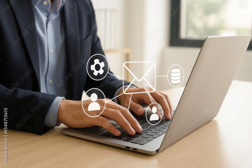 Poster business professional using laptop with digital icons for communication and data management in moder