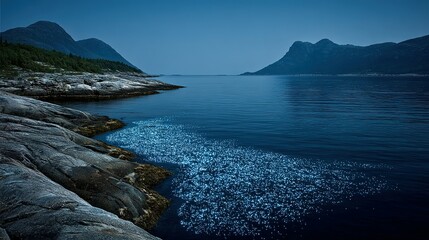 Tranquil coastal scene at night with sparkling water.