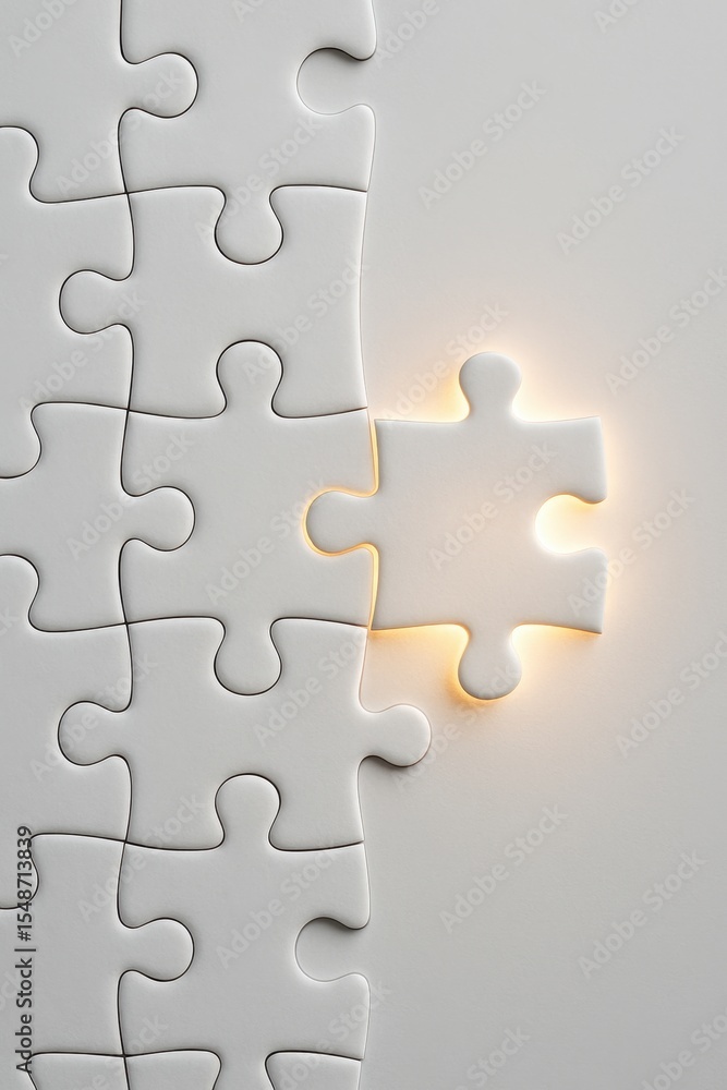 Poster white puzzle pieces with one missing piece illuminated by soft light, symbolizing challenges and sol