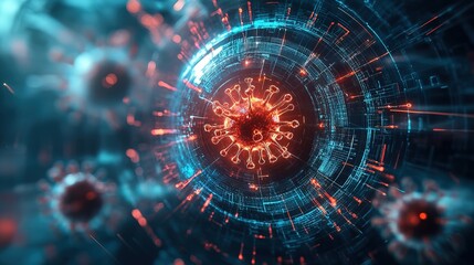 A glowing biosecurity shield blocking a futuristic virus attack