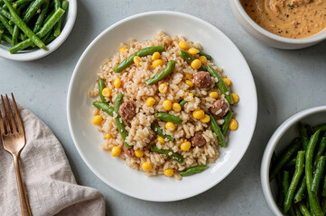 Creamy corn and green beans rice delight with sauce