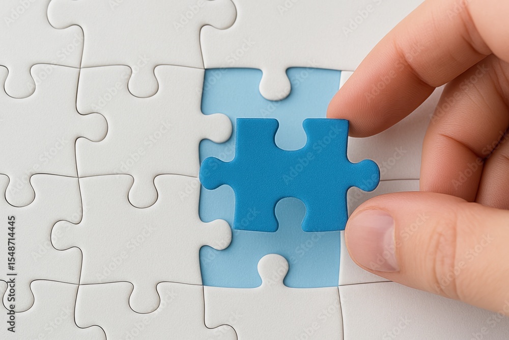Poster hand placing blue puzzle piece into white puzzle background signifying completion and problem solvin