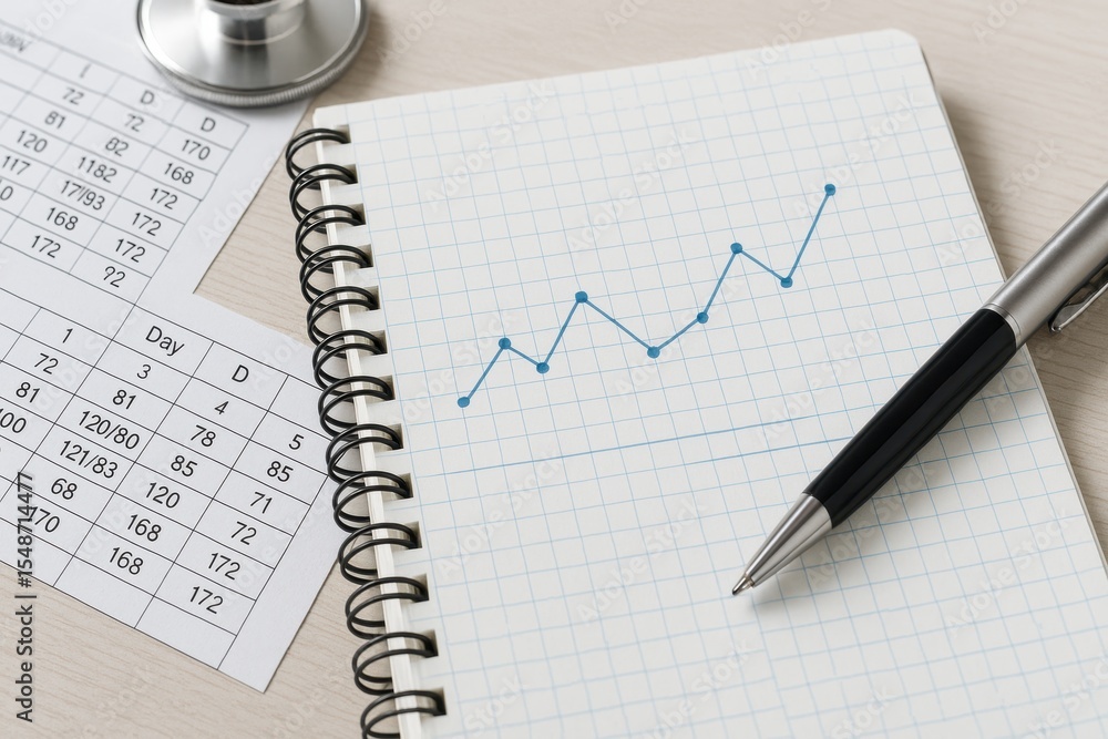 Poster business growth analysis with line graph on notebook surrounded by calendar sheets and stethoscope o