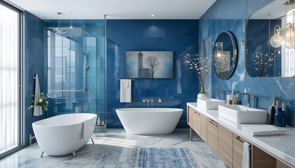 Modern blue bathroom interior with bath and decorative objects