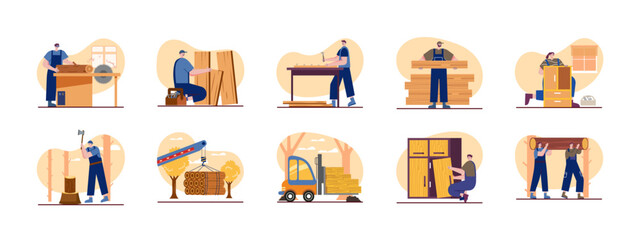 Woodwork illustrations set. Woodworking carpentry handcraft concept. Vector set of carpenter make furniture illustration.