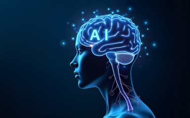 Profile of digital human brain with glowing neural network and AI text, symbolizing artificial intelligence, machine learning, and futuristic technology in deep blue cyber environment. High quality