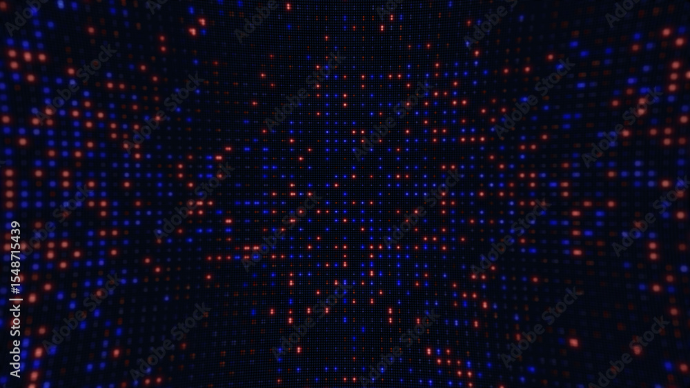 Poster abstract digital technology background featuring a grid matrix of glowing red and blue dots, ideal f
