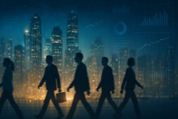 Business growth and teamwork concept with silhouettes walking in front of a glowing city and virtual financial graphs. Ideal for topics like economy, leadership, and global strategy at WEF or Davos.

