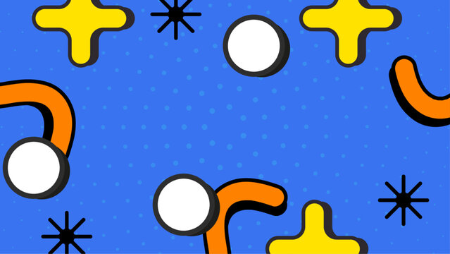 Blue background with orange curves, yellow crosses, and white circles. Suitable for abstract designs, digital art, patterns, and backgrounds for various projects. - Powered by Adobe