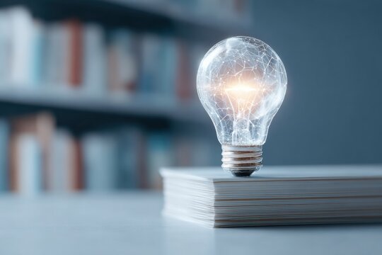 Modern Innovation Concept with Glowing Light Bulb and Network Connections on Books in Library for Academic and Educational Technology Advertising