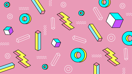 Colorful 80s style geometric pattern. Ideal for retro themed designs, backgrounds, textiles, and fashion accessories with a vibrant aesthetic.