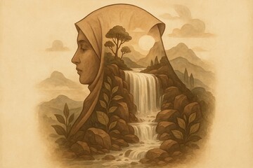 Surreal portrait of a veiled woman blended with nature, symbolizing harmony, purity, and spiritual connection. Ideal for World Art Day or International Day of Peace campaigns.


