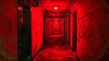 Fototapeta premium Crimson corridor illuminated by eerie red light