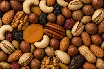 Nuts and dried fruits in a colorful top view composition, perfect for health food, vegan lifestyle, and natural diet campaigns. Ideal for World Vegan Day and healthy eating promotions.


