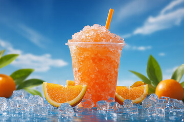 Orange Ice Beverage in Cup with Tropical Background