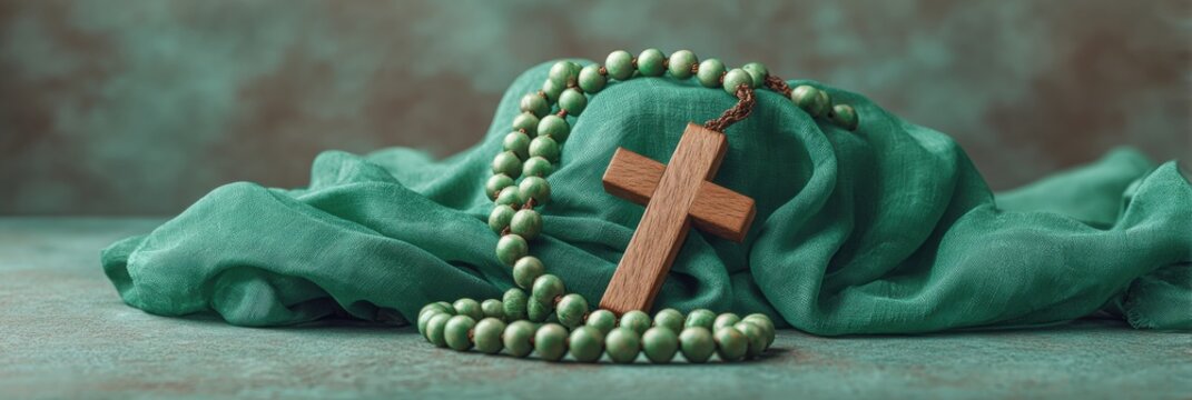 Orthodox Pentecost Monday Wooden Cross and Rosary Beads in Moody Green Tones with Soft Diffused Light Spiritual Faith Tools for Religious and Spring Seasonal Marketing - Powered by Adobe