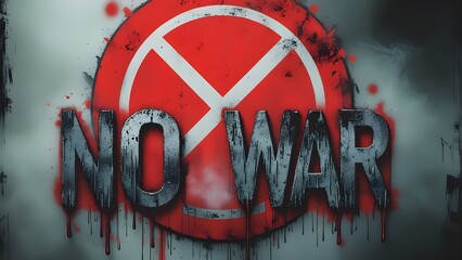 Grungy anti-war protest banner featuring bold graffiti-style "NO WAR" text with dripping paint over a red prohibition symbol. Set against a smoky, distressed gray background