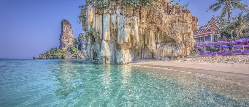 Tropical beach with limestone cliffs and clear turquoise water