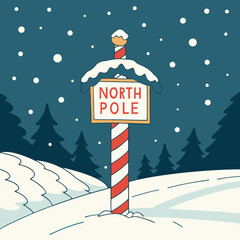 North Pole sign covered in snow with pine trees in winter night  