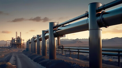Fototapeta premium Industrial Pipeline Landscape at Sunset Metallic Pipes and Distant Mountains