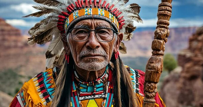 Native American elder in traditional headdress and regalia, holding a carved wooden staff, against a scenic backdrop.