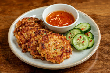 Crispy golden patties with cucumber and chili sauce