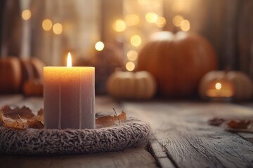 Cozy Candle with Pumpkins in Warm Lighting